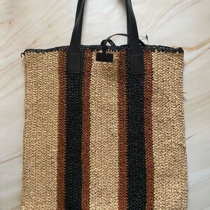 Striped Tan and Brown Rafia Tote Bag